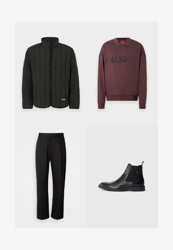Veste matelassée vert foncé avec un design matelassé, col montant, fermeture éclair à l'avant et deux poches latérales. Logo jaune "HUGO" sur la gauche.; Sweat-shirt polo à manches longues marron foncé avec poignets côtelés, deux boutons au col et "HUGO" imprimé sur la poitrine.; Pantalon noir à coupe droite, en tissu léger. Il dispose d'une fermeture à bouton sur le devant et de deux poches latérales ; texture lisse.; Bottines Chelsea en cuir noir avec des panneaux élastiques sur les côtés, une languette arrière et une semelle en caoutchouc plate. Texture lisse avec un minimum de détails.