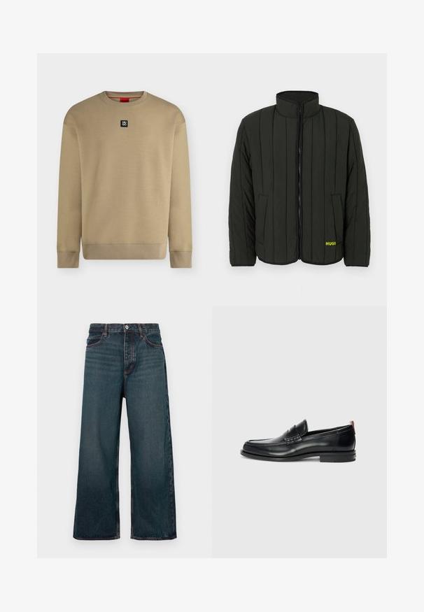 Veste matelassée vert foncé avec un design matelassé, col montant, fermeture éclair à l'avant et deux poches latérales. Logo jaune "HUGO" sur la gauche.; Sweat-shirt beige à manches longues et col rond, avec poignets et ourlet côtelés, avec un petit logo carré noir « HUGO » centré sur la poitrine.; Jean denim bleu foncé à jambe large avec fermeture à bouton avant, fermeture éclair et design à cinq poches, présenté sur un fond blanc.; Mocassins en cuir noir au design élégant, à bout arrondi, avec une texture sur le devant et une semelle en caoutchouc pour une meilleure adhérence. Équipés d'une tirette à l'arrière.