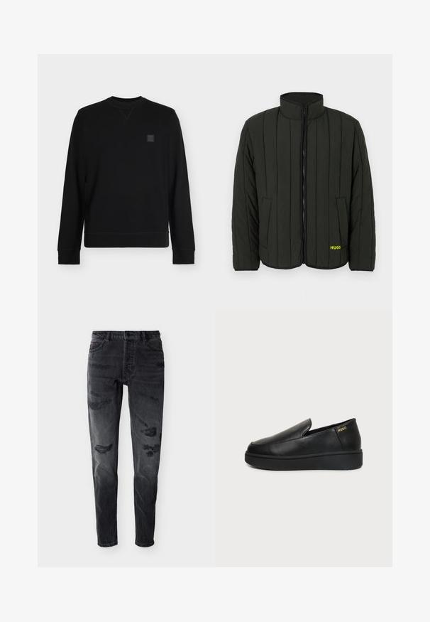 Veste matelassée vert foncé avec un design matelassé, col montant, fermeture éclair à l'avant et deux poches latérales. Logo jaune "HUGO" sur la gauche.; Sweat-shirt noir à manches longues avec col rond, poignets et ourlet côtelés, avec un petit patch logo carré sur la partie supérieure gauche de la poitrine.; Jean noir slim ajusté vieilli avec bouton à l'avant, passants pour ceinture et zones usées sur les cuisses et les genoux sur fond blanc.; Chaussure noire en cuir à enfiler avec semelle épaisse et petits trous de ventilation latéraux, avec un logo doré "HUGO" près du talon.