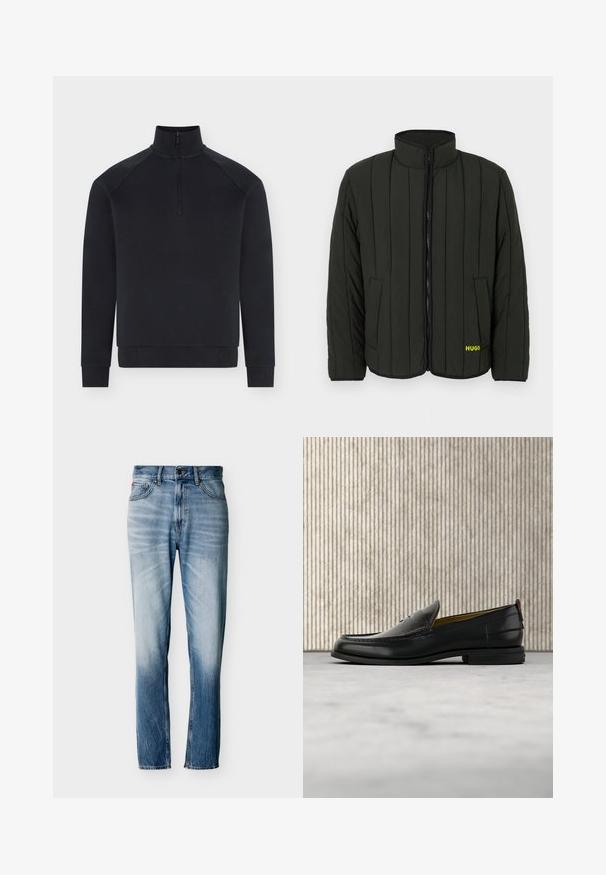 Veste matelassée vert foncé avec un design matelassé, col montant, fermeture éclair à l'avant et deux poches latérales. Logo jaune "HUGO" sur la gauche.; Pull noir à manches longues avec demi-fermeture éclair devant, col montant, poignets et bas côtelés, présenté sur fond blanc.; Jean bleu délavé à coupe droite avec cinq poches, fermeture par bouton et passants pour ceinture, présenté à plat sur fond blanc.; Mocassin pour homme en cuir noir avec un dessus embossé effet croco et un petit talon, présenté de profil sur un fond neutre.