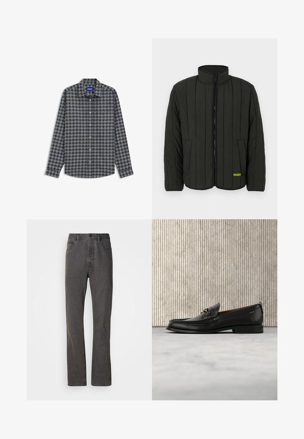 Veste matelassée vert foncé avec un design matelassé, col montant, fermeture éclair à l'avant et deux poches latérales. Logo jaune "HUGO" sur la gauche.; Chemise boutonnée à carreaux gris foncé et bleu marine. Manches longues, col et une poche poitrine unique. Tissu en mélange de coton avec une texture lisse.; Jeans en denim gris avec une coupe droite, dotés de poches avant, d'une fermeture à bouton et d'une texture subtile.; Mocassin en cuir noir avec mors en métal doré et logo "HUGO", présenté sur un tapis beige et un meuble translucide marron.