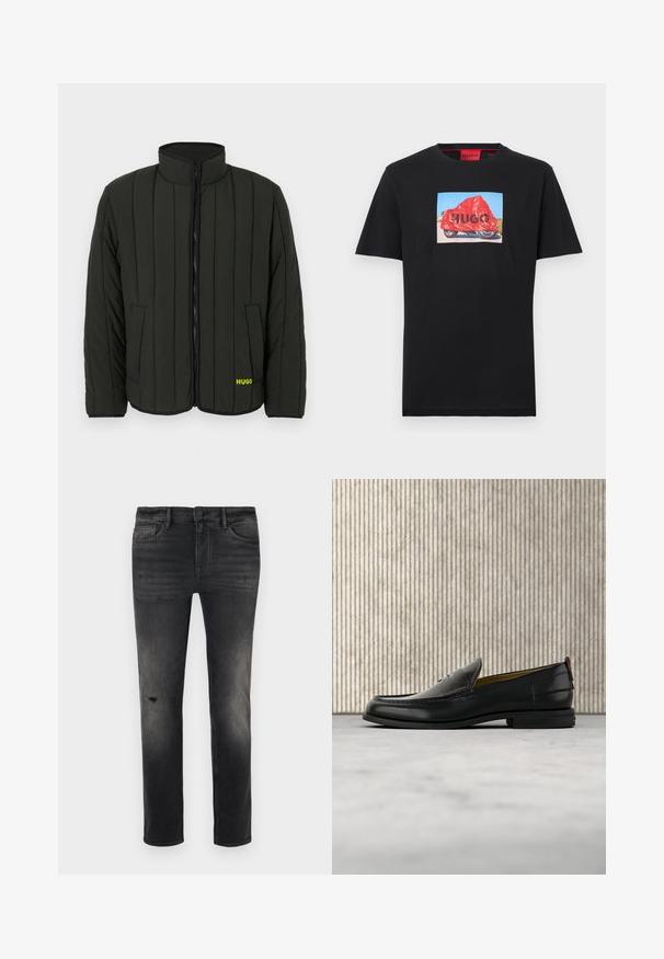 Dunkelgrüne gesteppte Steppjacke mit Steppmuster, hohem Kragen, Frontreißverschluss und zwei Seitentaschen. Hat ein gelbes "HUGO"-Logo auf der linken Seite.; Schwarzes T-Shirt mit kurzen Ärmeln und einer quadratischen Grafik eines mit Rot bedeckten Motorrads, auf der "HUGO" steht.; Schmal geschnittene schwarze Denim-Jeans mit Ausbleichungen, leichten Gebrauchsspuren in der Kniegegend, fünf Taschen sowie einem normalen Knopf- und Reißverschluss.; Schwarzer Herren-Slipper aus Leder mit einer krokogeprägten Vorderkappe und einem niedrigen Absatz, im Profil vor neutralem Hintergrund gezeigt.