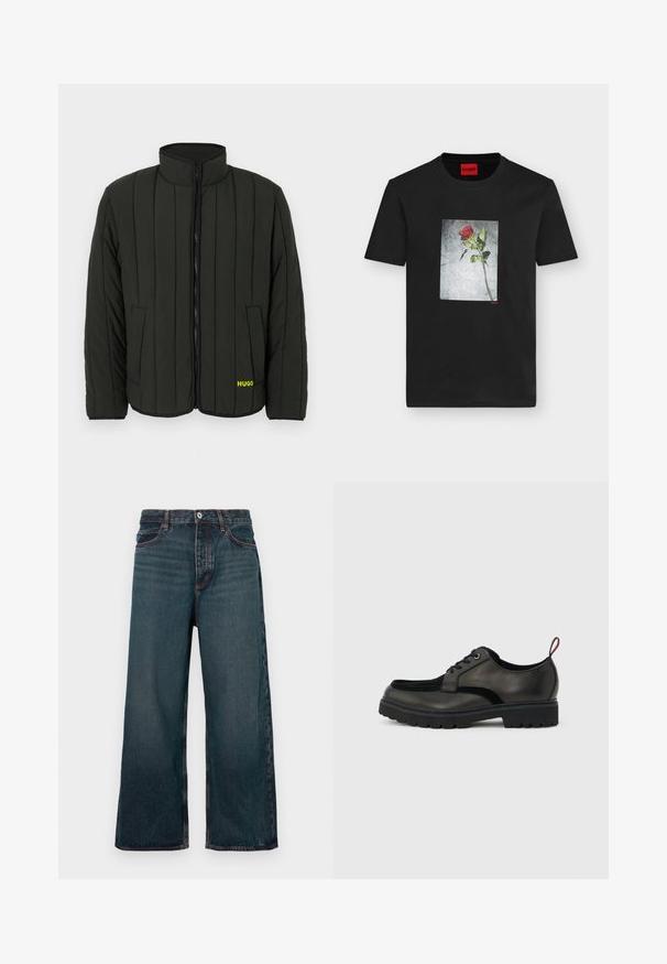 Veste matelassée vert foncé avec un design matelassé, col montant, fermeture éclair à l'avant et deux poches latérales. Logo jaune "HUGO" sur la gauche.; T-shirt noir à manches courtes avec un motif centré d'une seule rose rouge sur un fond gris texturé et un petit logo rouge "HUGO".; Jean denim bleu foncé à jambe large avec fermeture à bouton avant, fermeture éclair et design à cinq poches, présenté sur un fond blanc.; Chaussure noire en cuir à lacets avec semelle épaisse crantée et languette rouge à l'arrière, vue de profil sur un fond gris clair.