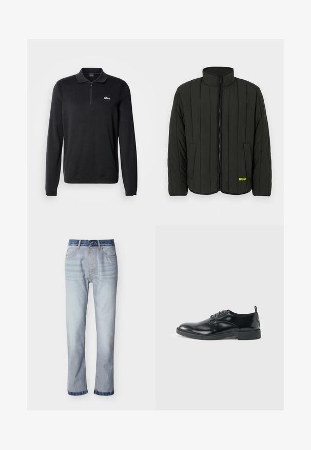Veste matelassée vert foncé avec un design matelassé, col montant, fermeture éclair à l'avant et deux poches latérales. Logo jaune "HUGO" sur la gauche.; Polo noir à manches longues avec col zippé, texture côtelée et petit logo blanc "BOSS" sur la poitrine.; Jean denim bleu clair avec une ceinture bleu foncé, coupe droite, cinq poches et détails de couture visibles.; Chaussure habillée en cuir noir brillant avec un petit talon, fermeture à lacets et bout rond, vue de côté sur un fond uni et clair.