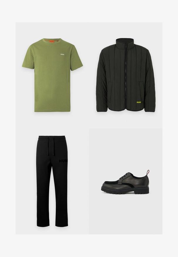 Veste matelassée vert foncé avec un design matelassé, col montant, fermeture éclair à l'avant et deux poches latérales. Logo jaune "HUGO" sur la gauche.; T-shirt en coton vert olive à manches courtes, col rond, logo blanc "HUGO" sur la poitrine, design uni.; Pantalon de survêtement noir avec une ceinture élastique, un cordon de serrage et un petit logo "HUGO" embossé sur le côté gauche. Texture lisse, coupe droite.; Chaussure noire en cuir à lacets avec semelle épaisse crantée et languette rouge à l'arrière, vue de profil sur un fond gris clair.