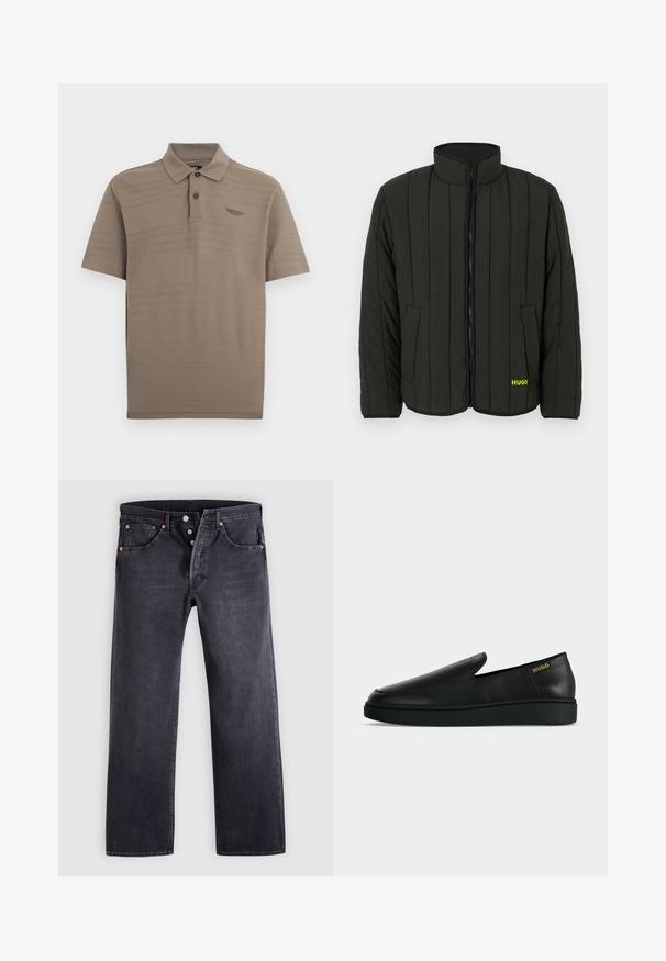 Veste matelassée vert foncé avec un design matelassé, col montant, fermeture éclair à l'avant et deux poches latérales. Logo jaune "HUGO" sur la gauche.; Polo marron à manches courtes avec de fines rayures horizontales, deux boutons et un petit logo d'aile brodé sur la poitrine gauche.; Jean en denim noir avec une coupe droite, design à cinq poches, et boutons en cuivre. Texture lisse avec une légère finition délavée.; Chaussure noire en cuir à enfiler avec semelle épaisse et marquage "HUGO" en or près du talon sur un fond uni gris clair.