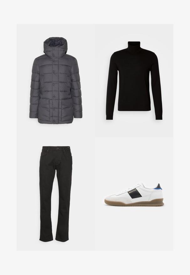 Save the duck GALIUM - Vinterjakker - grey black; Sort turtleneck sweater lavet af et fint strikket stof, der har lange ærmer og en tætsiddende silhuet. Glat tekstur med ribbede manchetter.; JOOP! Jeans MITCH - Jeans Straight Leg - black; Hvid sneakers med sorte og blå detaljer, overdel i ruskind og læder, rund tå, flad gummisål og guld brandingdetalje på siden.