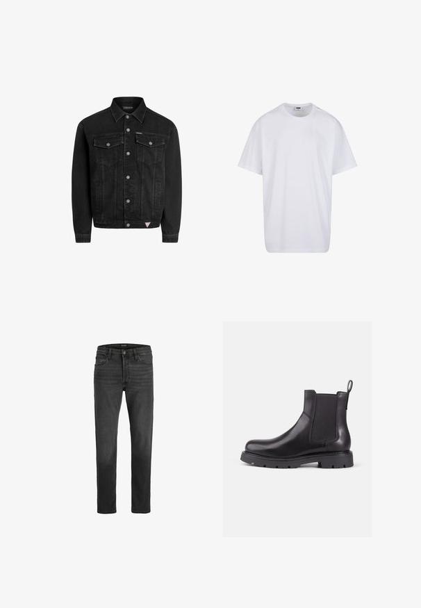 Sort denimjakke med klassisk design, der har knaplukning fortil, to brystlommer og et lille logo-lap ved kanten.; Hvid, kortærmet bomulds-T-shirt med rund hals og synligt størrelses- og mærkelabel inde i kraven.; Sorte denim jeans med lige pasform, fem-lomme design og lynlås. Har diskret falmning og kontrastsyninger.; Sorte læder Chelsea støvler med elastiske sidepaneler, rund tå og tekstureret gummisål. Har en bageste strop for nem påtagning.