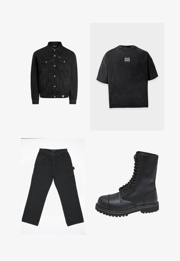 Schwarze Jeansjacke mit klassischem Design, ausgestattet mit einer durch Druckknöpfe schließenden Vorderseite, zwei Brusttaschen und einem kleinen Logopatch am Saum.; Schwarzes übergroßes Kurzarm-T-Shirt mit kleinem weißem, kompliziertem Logotext, zentriert auf der Brust mit dem Schriftzug "SEVEN STUDIOS".; Schwarze Denim-Hose mit geradem Bein, ausgestattet mit einem Frontknopfverschluss, Gesäßtaschen und einer seitlichen Cargo-Tasche.; Schwarze Lederkampfstiefel mit hohem Schaft, Schnürung an der Vorderseite, gepolstertem Kragen und rutschfester, strukturierter Sohle für guten Halt. Mit verstärkter Zehenkappe.