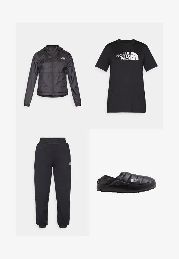 Sort vindjakke lavet af let, skinnende materiale. Den har en lynlås foran, hætte og logo på venstre bryst.; Sort bomulds-T-shirt med en stor hvid "THE NORTH FACE"-logo over brystet og rund halsudskæring. Korte ærmer, afslappet pasform.; The North Face W MOUNTAIN ATHLETICS - Træningsbukser - black; Sort isoleret slip-on sko med quiltet overdel, gummisål og strukturel detaljering. Har en hæltrækstrop og branding på siden.