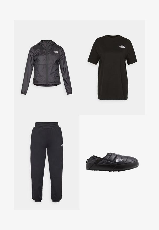 Schwarze Windjacke aus leichtem, glänzendem Material. Sie hat einen Reißverschluss vorne, eine Kapuze und ein Logo auf der linken Brust.; Schwarzes Baumwoll-T-Shirt mit kurzen Ärmeln, Rundhals und einem kleinen weißen Logo auf der linken Brust. Glatte Textur, lockere Passform.; The North Face W MOUNTAIN ATHLETICS - Jogginghose - black; Schwarze isolierte Slipperschuh mit gestepptem Obermaterial, Gummisohle und strukturierten Details. Verfügt über eine Zuglasche an der Ferse und Branding an der Seite.