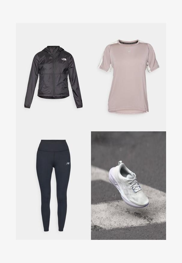 Čierna vetrovka vyrobená z ľahkého, lesklého materiálu. Má zapínanie na zips vpredu, kapucňu a logo na ľavej hrudi.; ASICS FUJITRAIL ELITE TOP - Športové tričko - rainstorm grey/cream; Čierne legíny s vysokým pásom vyrobené z pružného materiálu, s elegantným dizajnom a malým reflexným logom na stehne.; Biele atletické topánky s textúrovaným zvrškom, šnurovým dizajnom a polstrovanou podrážkou. Akcenty zahŕňajú svetlofialovú podrážku a pútko na päte.
