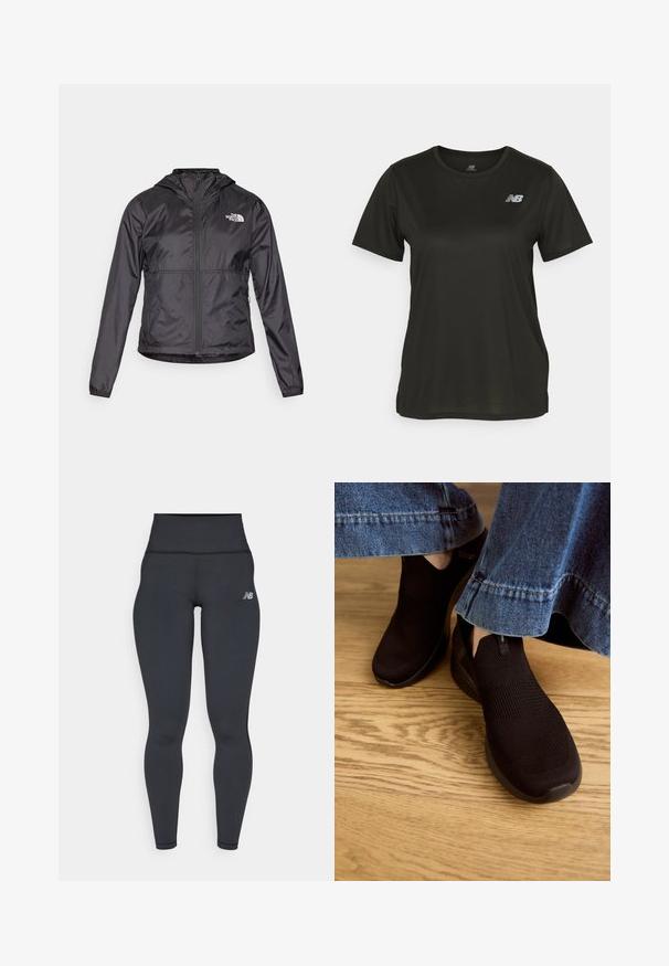 Chaqueta cortaviento negra hecha de un material ligero y brillante. Cuenta con una parte delantera con cremallera, capucha y un logo en el lado izquierdo del pecho.; Camiseta negra de manga corta hecha de una tela suave, con un escote redondo y un logo blanco reflectante en el lado izquierdo del pecho.; Leggings atléticos negros de cintura alta con un diseño ajustado, textura suave y un pequeño logo blanco en la cadera izquierda.; Zapatos negros sin cordones con parte superior de punto texturizado y abertura elástica. Tienen una forma de puntera redondeada y una suela baja con amortiguación, usados con un dobladillo de mezclilla.