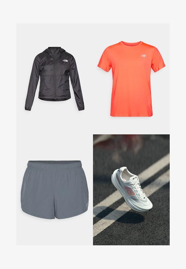 Sort vindjakke lavet af let, skinnende materiale. Den har en lynlås foran, hætte og logo på venstre bryst.; Lyse orange kortærmet atletisk t-shirt med et lille hvidt New Balance-logo på venstre bryst, vist på en ensfarvet baggrund.; Grå athletic shorts med en blød tekstur, elastisk talje og en let buet kant. Har små perforeringer for åndbarhed.; Hvid New Balance løbesko med pink og orange logo, i luften over en asfaltvej med hvide vognbanemærker.
