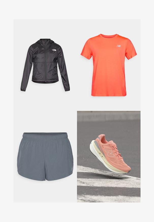 Sort vindjakke lavet af let, skinnende materiale. Den har en lynlås foran, hætte og logo på venstre bryst.; Lyse orange kortærmet atletisk t-shirt med et lille hvidt New Balance-logo på venstre bryst, vist på en ensfarvet baggrund.; Grå athletic shorts med en blød tekstur, elastisk talje og en let buet kant. Har små perforeringer for åndbarhed.; Lyserød New Balance løbesko med hvid sål, fanget i luften over en grå asfaltflade med hvide vejmarkeringer.