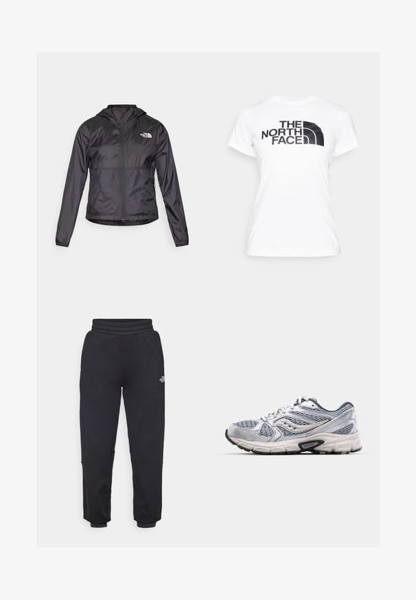 Veste coupe-vent noire en matériau léger et brillant. Elle dispose d'une fermeture éclair sur le devant, d'une capuche et d'un logo sur la poitrine gauche.; T-shirt en coton blanc avec un imprimé graphique noir du logo "THE NORTH FACE" sur le devant. Manches courtes et col rond.; The North Face W MOUNTAIN ATHLETICS - Pantalon de survêtement - black; Bottine de course argentée avec tige en mesh, semelle rembourrée et accents gris. Dotée d'un bout arrondi et d'un design à lacets. Logo de la marque visible.