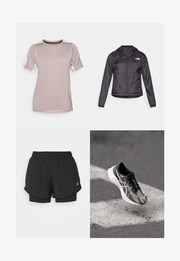 Schwarze Windjacke aus leichtem, glänzendem Material. Sie hat einen Reißverschluss vorne, eine Kapuze und ein Logo auf der linken Brust.; ASICS FUJITRAIL ELITE TOP - Sport T-Shirt - rainstorm grey/cream; Schwarze Sportshorts mit elastischem Bund, ausgestattet mit einem gestuften Design und einem inneren Futter. Der Stoff wirkt leicht und glatt.; Schwarze und graue Laufschuhe mit einer strukturierten Oberseite, die ein Schnürdesign aufweisen und eine weiße Sohle haben. Mit reflektierenden Details akzentuiert.
