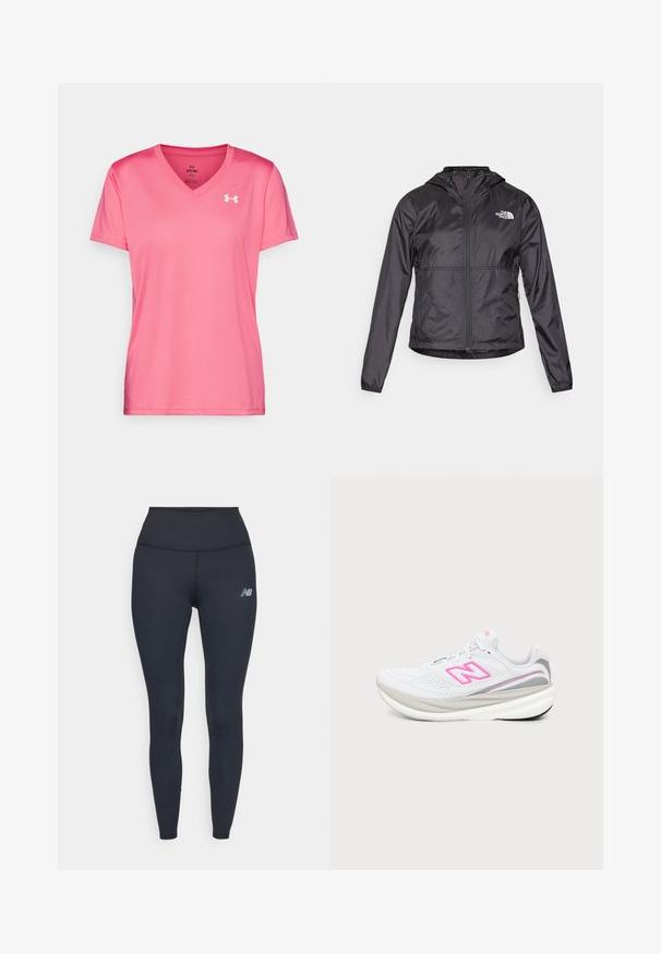 Schwarze Windjacke aus leichtem, glänzendem Material. Sie hat einen Reißverschluss vorne, eine Kapuze und ein Logo auf der linken Brust.; Rosa Sport T-Shirt mit V-Ausschnitt, kurzen Ärmeln und einer leichten, glatten Textur. Mit einem weißen Logo auf der oberen linken Seite.; Schwarze High-Waist-Leggings aus dehnbarem Material mit einem eleganten Design und einem kleinen reflektierenden Logo am Oberschenkel.; Weißer und grauer Laufschuh mit pinkem "N"-Logo auf dem Mesh-Obermaterial und dicker gepolsterter Sohle, von der Seite vor weißem Hintergrund gezeigt.