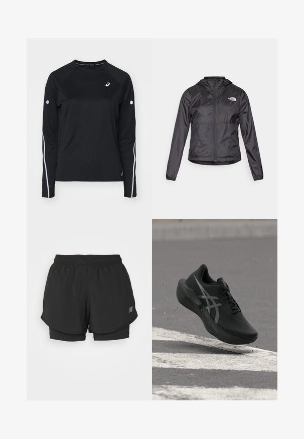 Veste coupe-vent noire en matériau léger et brillant. Elle dispose d'une fermeture éclair sur le devant, d'une capuche et d'un logo sur la poitrine gauche.; T-shirt de sport noir à manches longues avec des manches raglan, bandes réfléchissantes blanches sur les côtés et col rond. Présente un petit logo sur la poitrine.; Shorts de sport noirs avec une taille élastique, présentant un design superposé et une doublure intérieure. Le tissu semble léger et lisse.; Chaussure de course noire avec logo blanc en plein air au-dessus de l'asphalte avec marquage routier blanc et petits débris soulevés en dessous.