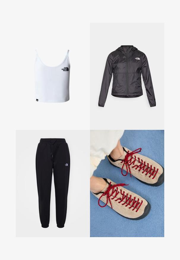 Schwarze Windjacke aus leichtem, glänzendem Material. Sie hat einen Reißverschluss vorne, eine Kapuze und ein Logo auf der linken Brust.; Weißes kurzes Tanktop mit dünnen Trägern, mit dem schwarzen The North Face-Logo auf der Brust und nahe dem unteren Saum.; Schwarze Jogginghose mit elastischem Bund und Bündchen, Kordelzug, seitlichen Taschen und kleinem weißen The North Face-Logo am rechten Oberschenkel.; Beige Schuhe mit roten Schnürsenkeln, die auf einer blauen strukturierten Fläche positioniert sind und teilweise ein Fußgelenk einer Person zeigen. Die Schuhe haben ein sportliches Design.