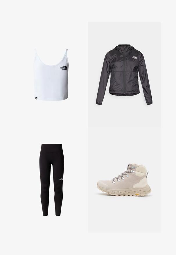 Zwarte windjack gemaakt van lichtgewicht, glanzend materiaal. Het heeft een ritssluiting aan de voorkant, een capuchon en een logo op de linkerborst.; Witte cropped tanktop met dunne bandjes, met het zwarte The North Face-logo op de borst en vlak bij de onderzoom.; Zwarte leggings met een hoge tailleband, gemaakt van een soepele, rekbare stof. Een klein wit logo is geplaatst op het onderbeen.; Hoge wandelschoen, lichtbeige suede en mesh, grijze veters, zilveren metalen oogjes, rubberen loopzool met Vibram-merk, getextureerde zijkanten.