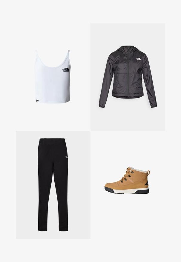 Zwarte windjack gemaakt van lichtgewicht, glanzend materiaal. Het heeft een ritssluiting aan de voorkant, een capuchon en een logo op de linkerborst.; Witte cropped tanktop met dunne bandjes, met het zwarte The North Face-logo op de borst en vlak bij de onderzoom.; Zwarte nauwsluitende sportlegging met een hoge tailleband en klein wit The North Face-logo op de bovenste linker dij.; Tan enkellaarsjes met een gestructureerde leren bovenkant, fleece voering, ronde veters en een rubbere buitenzool met een zwart-wit ontwerp.