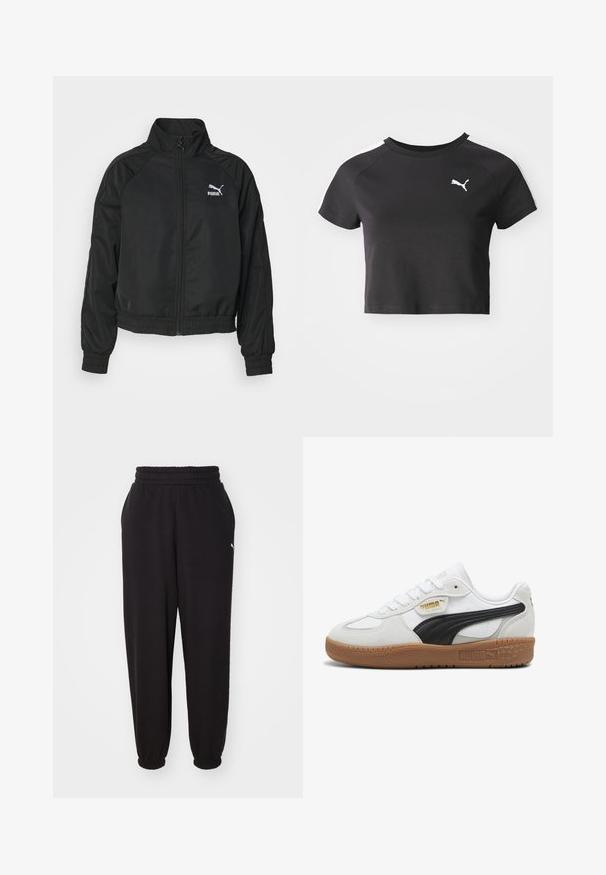Sort zip-jakke med høj krave, elastiske manchetter og kant. Har Puma-logo i hvid. Fremstillet af glat, let stof.; Sort cropped t-shirt lavet af bomuld, med rund halsudskæring, korte raglanærmer og et hvidt Puma-logo på venstre bryst.; Sorte sweatpants lavet af blødt stof, med en ribbet talje og mansjetter ved anklerne. Indeholder en lille logoaccent på siden.; Hvide lædersneakers med en sort ruskindsstribe, gummigummisål og guldbranding på siden. Snørebånddesign med en afrundet tå.