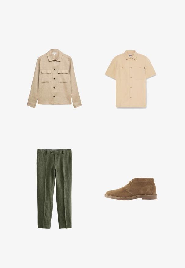 Chaqueta de camisa beige de manga larga con cuello, cuatro botones oscuros en la parte delantera y dos bolsillos con solapa en el pecho.; Camisa beige de manga corta con botones, dos bolsillos en el pecho y cuello, etiqueta Timberland dentro del cuello y una pequeña etiqueta negra en el lateral.; Next SIGNATURE - REGULAR FIT - Pantalones - olive green; Zapato casual marrón de ante hasta el tobillo con dos ojales para cordones y suela cosida sobre fondo blanco, vista lateral.