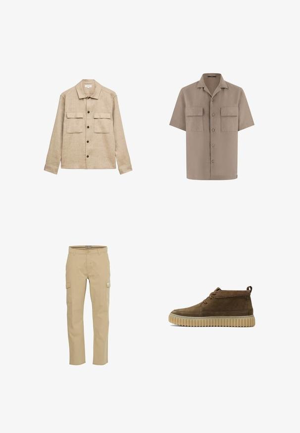 Chaqueta de camisa beige de manga larga con cuello, cuatro botones oscuros en la parte delantera y dos bolsillos con solapa en el pecho.; Camisa beige de manga corta con botones, dos bolsillos frontales con solapa y cuello abierto, presentada sobre un fondo blanco.; Pantalones cargo beige de algodón. Cuentan con bolsillos laterales, pasadores para cinturón y cierre de cremallera. Diseño de pierna recta, textura suave y sin estampados.; Botines de ante marrón con punta redondeada, costuras mínimas y suela de goma gruesa y texturizada. Presenta un diseño de cordones y una pestaña en el talón.