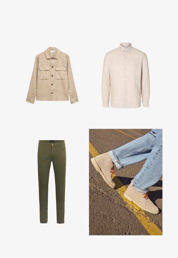 Beige overhemdjack met lange mouwen en kraag, vier donkere knopen aan de voorkant en twee klepzakken op de borst.; Lichtbeige linnen overhemd met een button-down kraag, lange mouwen en een rechte snit. Beschikt over een frontale knoopsluiting en een subtiele textuur.; Olijfgroene broek van zachte katoenmix, met een sluiting met knoop aan de voorkant, riemlussen en een slim fit ontwerp.; Beige suède enkellaarsjes met oranje veters, ronde neus en een lichte rubberen zool, gecombineerd met opgerolde lichtblauwe denim jeans.