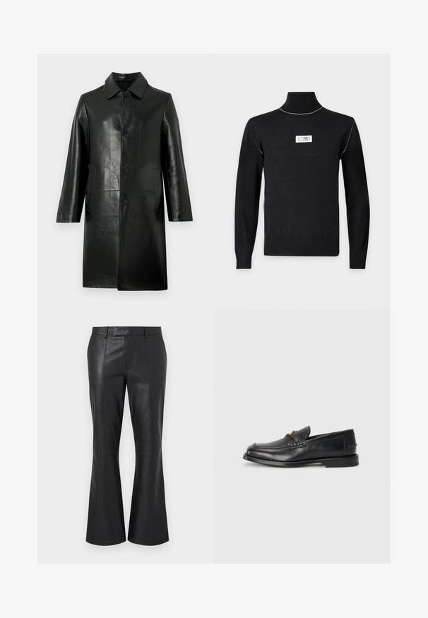 Sort læderjakke med lige snit, krave og lukkes foran med knapper; har to sidelommer og en glat, blank tekstur.; Sort langærmet rullekrave-sweater med hvide syninger på skuldrene og et lille hvidt rektangulært logomærke på brystet.; Sorte læderbukser med en mellemhøj talje, bæltestropper, detaljerede syninger foran og en subtil flare nederst ved benene.; Sorte læder loafers har en afrundet tå, syede detaljer og en lille gylden accent foran. Sålen er flad og diskret.
