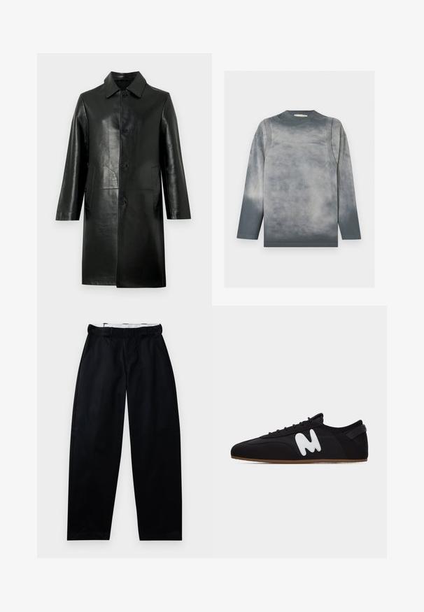 Manteau en cuir noir à coupe droite, avec col et fermeture à boutons sur le devant ; doté de deux poches latérales et d'une texture lisse et brillante.; T-shirt manches longues à col rond avec motif tie-dye dégradé gris et noir, détails de couture subtils et petit texte ton sur ton sur la poitrine.; Pantalon noir avec une texture lisse, jambes larges et une taille avec passants de ceinture. Conçu avec des poches latérales et une finition soignée.; Baskets basses noires avec une semelle fine marron et un logo stylisé "M" blanc sur le côté, vues de gauche.