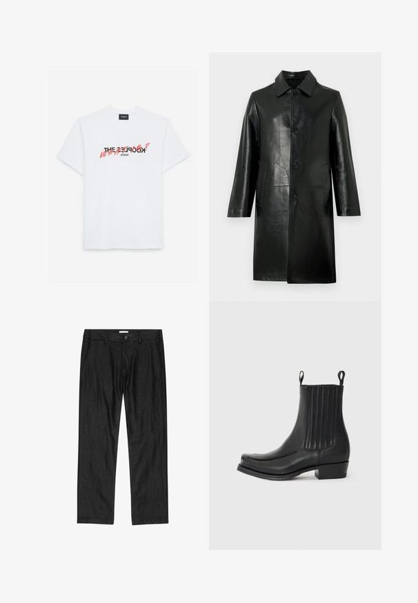 Sort læderjakke med lige snit, krave og lukkes foran med knapper; har to sidelommer og en glat, blank tekstur.; Hvid bomulds t-shirt med korte ærmer, som har et sort og koralfarvet grafisk print. Teksten lyder: "THE KOOPLES? HVA?" og "PARIS."; Herre sorte bukser med lige ben, foran med knap, lynlås og sidelommer, vist fladt på hvid baggrund.; Sort læder ankelstøvle med en glat overflade, elastiske sidepaneler, diskret søm på tåen og en blokhæll.