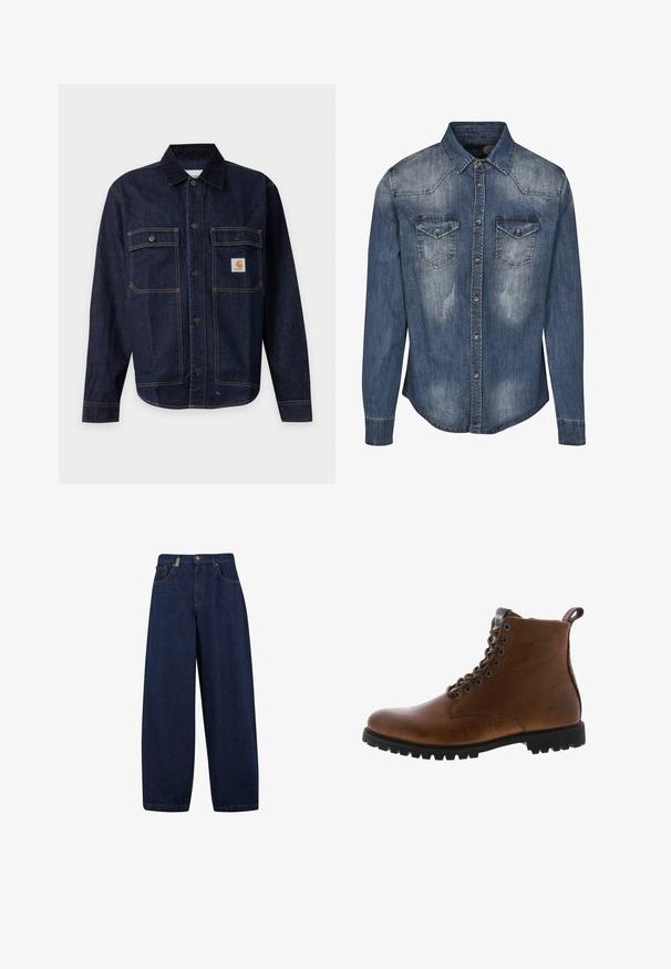 Donkerblauwe spijkerjas met knoopsluiting, twee borstzakken met klep en knopen en een klein geel logo-patch op de rechterzak.; Denim overhemd in donkerblauw met een klassieke kraag, lange mouwen, twee borstzakken, vervaagde textuur en knopen in de voorkant.; Losse, donkerblauwe denim jeans met een hoge taille, frontzakken en een recht model. Inclusief zilverkleurige hardware en minimale stiksels.; Bruine leren enkelbotten met een gestructureerde afwerking, metalen oogjes en een zwarte rubberen profielzool. Voorzien van een trekband aan de achterkant voor gemakkelijke instap.