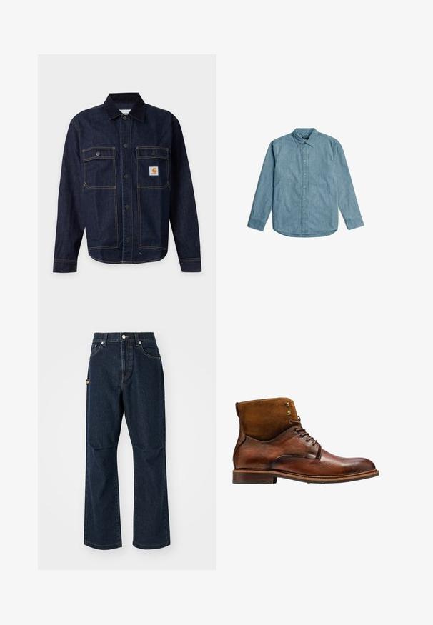 Dunkelblaue Jeansjacke mit Knopfverschluss, zwei Brustklappen mit Knöpfen und einem kleinen gelben Logo-Patch auf der rechten Tasche.; Hellblaues Denimhemd mit Button-Down-Kragen, langen Ärmeln und abgerundetem Saum. Verfügt über eine subtile Textur und eine standardmäßige Knopfblende.; Dunkelblaue Jeans aus Denim mit geradem Bein, Vorderaschen und einer Seitentasche. Mit Steppakzenten und einem Knopf-Bund.; Kazar ALID - Schnürstiefelette - brown