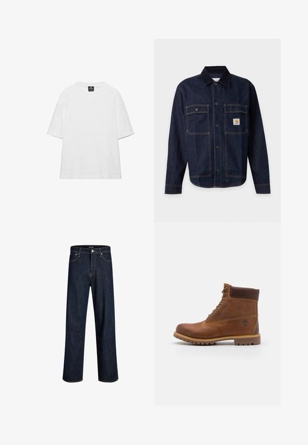 Veste en denim bleu foncé avec fermeture par boutons, deux poches poitrine à rabat avec boutons, et un petit patch logo jaune sur la poche droite.; T-shirt ample blanc uni à manches courtes avec col rond et étiquette de marque noire à l'intérieur du col.; Jean en denim bleu foncé avec une coupe droite, cousu avec un fil doré contrastant, comportant cinq poches et une fermeture à bouton à l'avant.; Botte de randonnée en cuir marron avec une finition lisse, cheville rembourrée, œillets en métal et semelle en caoutchouc dotée d'un motif de crampons robuste.