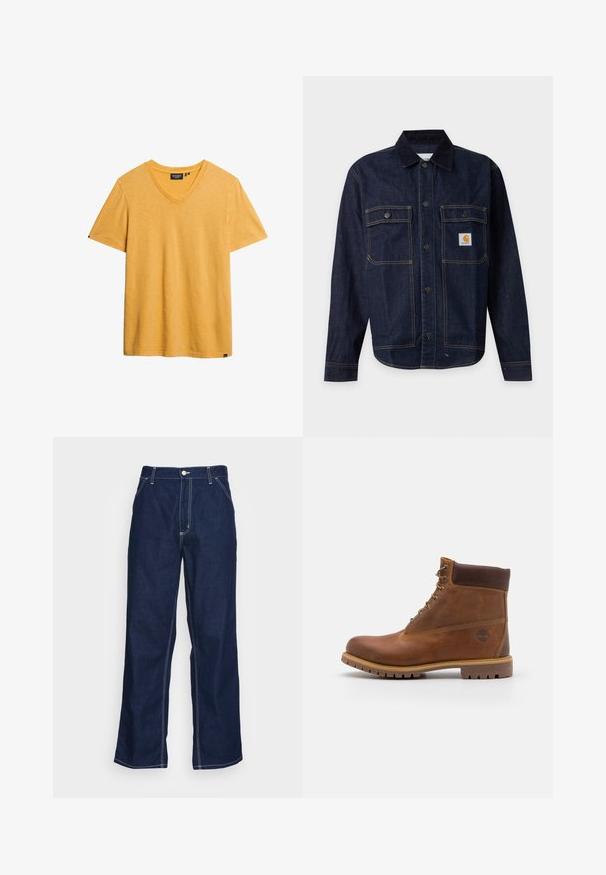 Chaqueta vaquera azul oscuro con cierre de botones, dos bolsillos en el pecho con solapa y botones, y un pequeño parche de logo amarillo en el bolsillo derecho.; Camiseta amarilla de cuello en V, hecha de una tela suave y texturizada. Mangas cortas y un corte relajado. Presenta una pequeña etiqueta de la marca en el costado inferior.; Pantalones de mezclilla azul oscuro de pierna ancha, con una cintura alta, bolsillos frontales y costuras en blanco que contrastan a lo largo de las costuras.; Botas de senderismo de cuero marrón con un acabado suave, tobillo acolchado, ojales de metal y suela de goma con un patrón de tracción robusto.