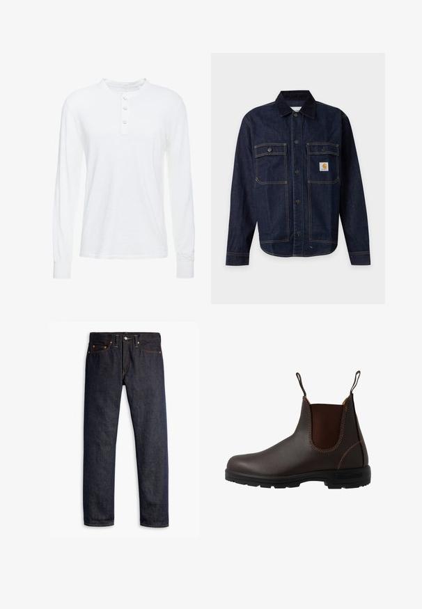 Chaqueta vaquera azul oscuro con cierre de botones, dos bolsillos en el pecho con solapa y botones, y un pequeño parche de logo amarillo en el bolsillo derecho.; Camisa henley de manga larga blanca en tejido ligero, con cuello redondo, tapeta de tres botones y puños ajustados.; Vaqueros de denim azul oscuro con corte recto, diseño de cinco bolsillos, remaches de cobre, costuras amarillas y una tela texturizada distintiva.; Bota Chelsea de cuero marrón con panel elástico lateral, costuras marrones, tiradores y suela de goma resistente con un patrón texturizado.