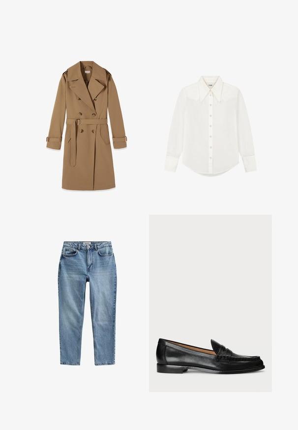 Dobbeltbrystet beige trenchcoat med brede revers, bælte i taljen, knapper ved ærmekanterne og sidelommer på hvid baggrund.; Hvid skjorte med lange ærmer og knapper, spids krave og perleagtige knapper, designet af Wrangler, vist på en ensfarvet baggrund.; Lys blå denim jeans med lige snit, der har knaplukning, fem lommer og subtile slidmærker. Klassisk design med kontraststing.; Lauren Ralph Lauren WYNNIE - Loafers - black