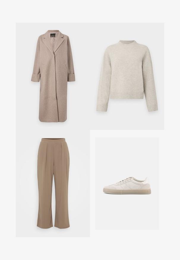 Beige uldblandingsfrakke med skræddersyet krave, åben front og to sidelommer. Har rullede manchetter og en glat overflade.; Lysegrå, chunky striktrøje med rund halsudskæring, dropped shoulders og ribbede manchetter og kant. Blød tekstur, afslappet pasform.; Brune, vide bukser lavet af blødt stof med frontfolder og elastisk talje for komfort. Rent, minimalistisk design.; Beige ruskindssneakers med lav profil, der har en struktureret overdel, tonale sømme og en lys gummisål. Snørebånd fuldender designet.