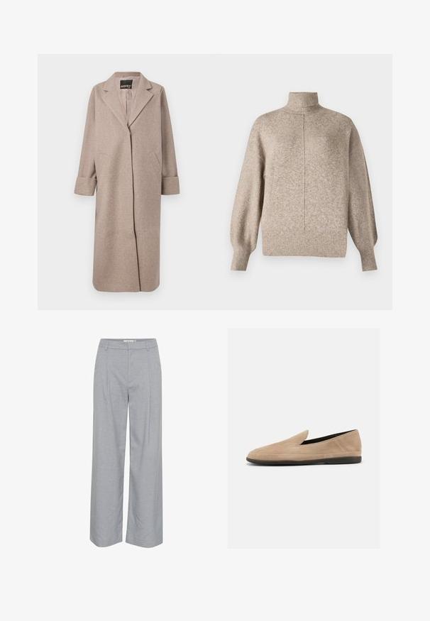 Beige uldblandingsfrakke med skræddersyet krave, åben front og to sidelommer. Har rullede manchetter og en glat overflade.; Vero Moda VMDOFFY - Striktrøje - sepia tint; Lys grå, vide bukser med en glat tekstur, der har frontfolder og en flad talje. Minimalistisk design, ingen synlig hardware.; Beige ruskind slip-on loafer med sort sål, lav hæl og rund tå, vist fra siden på hvid baggrund.