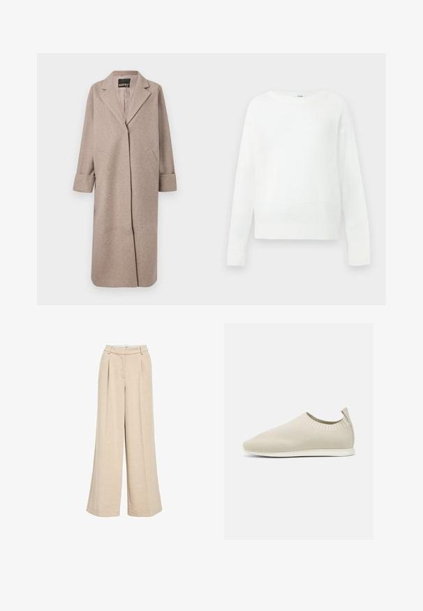 Manteau en mélange de laine beige avec un col structuré, une ouverture devant et deux poches latérales. Il présente des poignets roulés et une texture lisse.; Pull blanc à manches longues avec col rond, poignets et ourlet côtelés, présenté à plat sur un fond neutre.; Pantalons larges beige clair en tissu texturé, avec une taille haute, des plis avant et des poches latérales pour plus de fonctionnalité.; Chaussure slip-on en tricot beige avec profil bas, tige texturée et semelle flexible. Présente un design tissé autour de la cheville pour plus de confort.