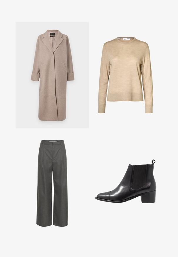 Beige uldblandingsfrakke med skræddersyet krave, åben front og to sidelommer. Har rullede manchetter og en glat overflade.; Beige langærmet uldsweater med rund hals og ribstrikkede manchetter og kant, vist mod en hvid baggrund.; Grå brede bukser lavet af struktureret stof, med høj talje og frontfolder, uden synlige lommer eller hardware detaljer.; Sorte læder ankelstøvler med elastiske sidepaneler, rund tå og tekstureret blokhæl. Har en løkke til at trække i bagpå for nem påtagning.