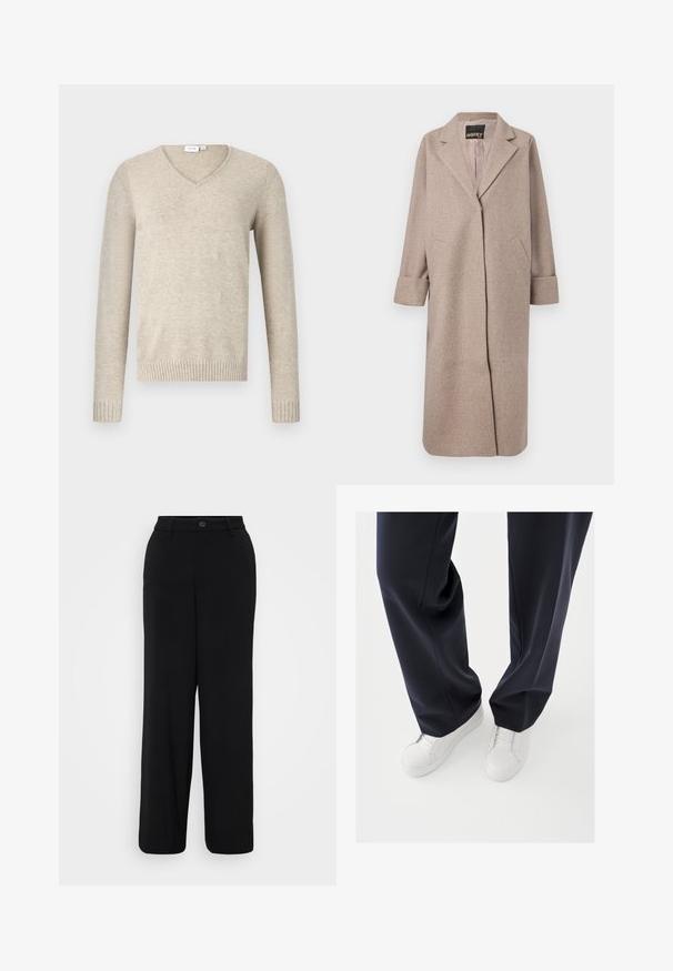 Beige Wollmischung Mantel mit einem taillierten Kragen, offener front und zwei seitlichen Taschen. Verfügt über aufgerollte Manschetten und eine glatte Textur.; Beiger V-Ausschnitt-Pullover aus weichem Material mit langen Ärmeln und gerippten Bündchen. Besitzt ein schlichtes Design ohne Muster oder Verzierungen.; Schwarze weit geschnittene Hosen aus einem glatten Stoff. Mit einem Bund und einem Knopfverschluss sowie einer vorderen Bügelfalte.; Weiße Sneakers mit strukturierten Gummisohlen und flachen Schnürsenkeln, kombiniert mit dunkeln, marineblauen Hosen aus lockerem, glattem Stoff und maßgeschneiderter Passform.