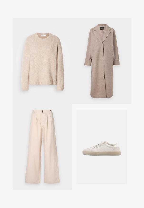 Manteau en mélange de laine beige avec un col structuré, une ouverture devant et deux poches latérales. Il présente des poignets roulés et une texture lisse.; Pull en maille beige avec col rond, manches longues et ourlet côtelé. Tissu doux et texturé avec une coupe décontractée.; Pantalons larges beiges en coton, avec une taille haute, deux plis à l'avant et deux boutons marron à la taille.; Baskets en daim beige à profil bas, avec une tige texturée, des surpiqûres ton sur ton et une semelle en caoutchouc claire. Des lacets complètent le design.