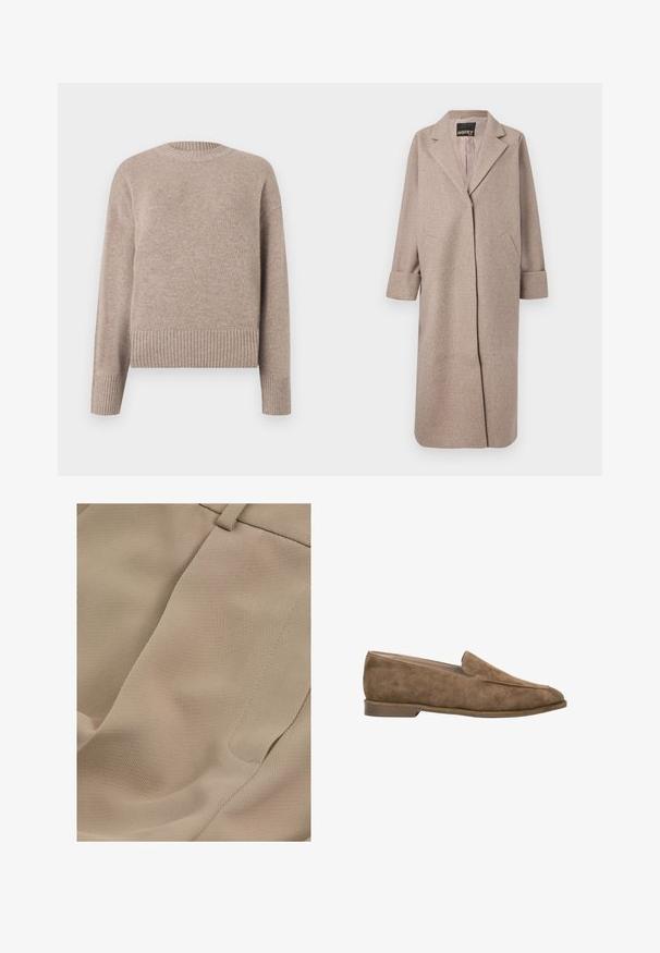 Beige wollen blend jas met een op maat gemaakte kraag, open voorkant en twee zijzakken. Kenmerkt zich door omgerolde mouwen en een gladde textuur.; Beige gebreide trui met een ronde hals, geribde manchetten en zoom. Zachte textuur en relaxed fit, geschikt voor casual draag.; Reiss PETITE FIT - EDEN ELASTICATED WAIST WIDE - Broek - mink neutral; Bruine suède instapsloffen met lage hak en afgeronde neus, zijaanzicht tegen een witte achtergrond.