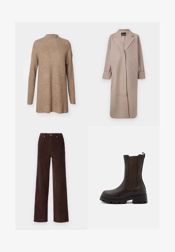 Abrigo de mezcla de lana beige con un cuello entallado, delantero abierto y dos bolsillos laterales. Presenta puños enrollados y una textura suave.; Suéter marrón acanalado con un cuello alto, mangas largas y un corte holgado. Fabricado en un material suave y texturizado.; Vero Moda VMTESSA WIDE PANTS - Pantalones - chocolate torte; Botas de tobillo de cuero marrón con paneles elásticos en los laterales, suelas de goma gruesa y una pestaña en la parte posterior. Acabado texturizado. Diseño robusto.