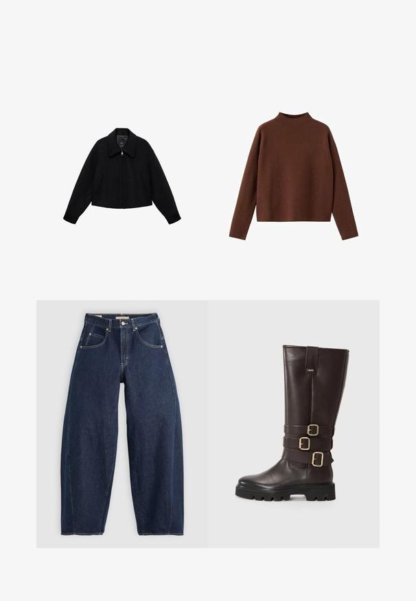 Sort uldjakke med lynlås, bred krave og to skrå forlommer, lange ærmer og en let cropped pasform.; Kastanjebrun, langærmet sweater med en høj halsudskæring. Fremstillet af et blødt, tekstureret stof. Har en afslappet, kasseformet silhuet og et minimalistisk design.; Mørkeblå denim jeans med løs pasform, lyse syninger, fem lommer og en knaplukning ved taljen.; Brune læderknæstøvler med tre dekorative spænder, en tekstureret overflade og en rå sort sål. Strømlinet, tætsiddende design med minimale detaljer.