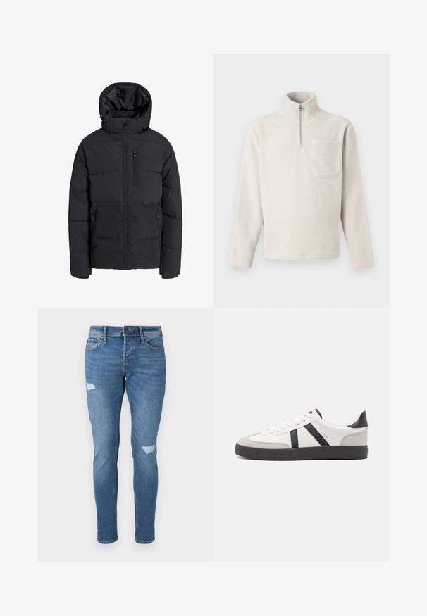 Sort foret vinterjakke med hætte, frontlynlås, lynlås på brystlomme og to lynlåslommer i siderne på ensfarvet baggrund.; Lys beige fleece pullover med høj krave, lynlås halvvejs ned og en frontlomme på brystet. Teksturen er blød og fluffy.; Fadede blå denim jeans med slim fit, der har slidte områder ved knæene, en knaplukning og fem-lomme design.; Hvide sneakers med sorte og grå detaljer, med en tekstureret grå tåhætte, sort gummisål og flade hvide snørebånd. Rent design, minimalistisk stil.
