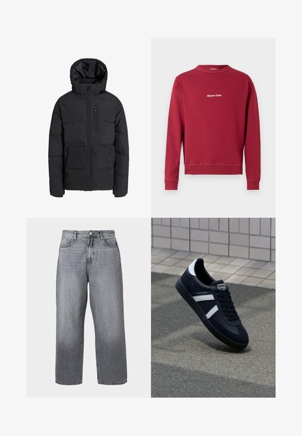 Schwarze gesteppte Winterjacke mit Kapuze, Frontreißverschluss, Reißverschluss an der Brusttasche und zwei zippered Seitentaschen auf einfarbigem Hintergrund.; Burgunderfarbener Sweatshirt aus Baumwollmischung mit Rundhalsausschnitt, gerippten Bündchen und Saum. Auf der Vorderseite befindet sich der weiße gestickte Text "Original Studio".; Graue Denim-Jeans im weiten Schnitt mit hoher Taille, Fünf-Taschen-Design und Metallverschluss. Der Stoff zeigt leichte Ausbleichungen nahe dem Saum.; Schwarze Leder-Sneaker mit weißen Streifen, strukturiertem Gummisohle und Schnürung. Verfügt über ein Markenetikett auf der Zunge.